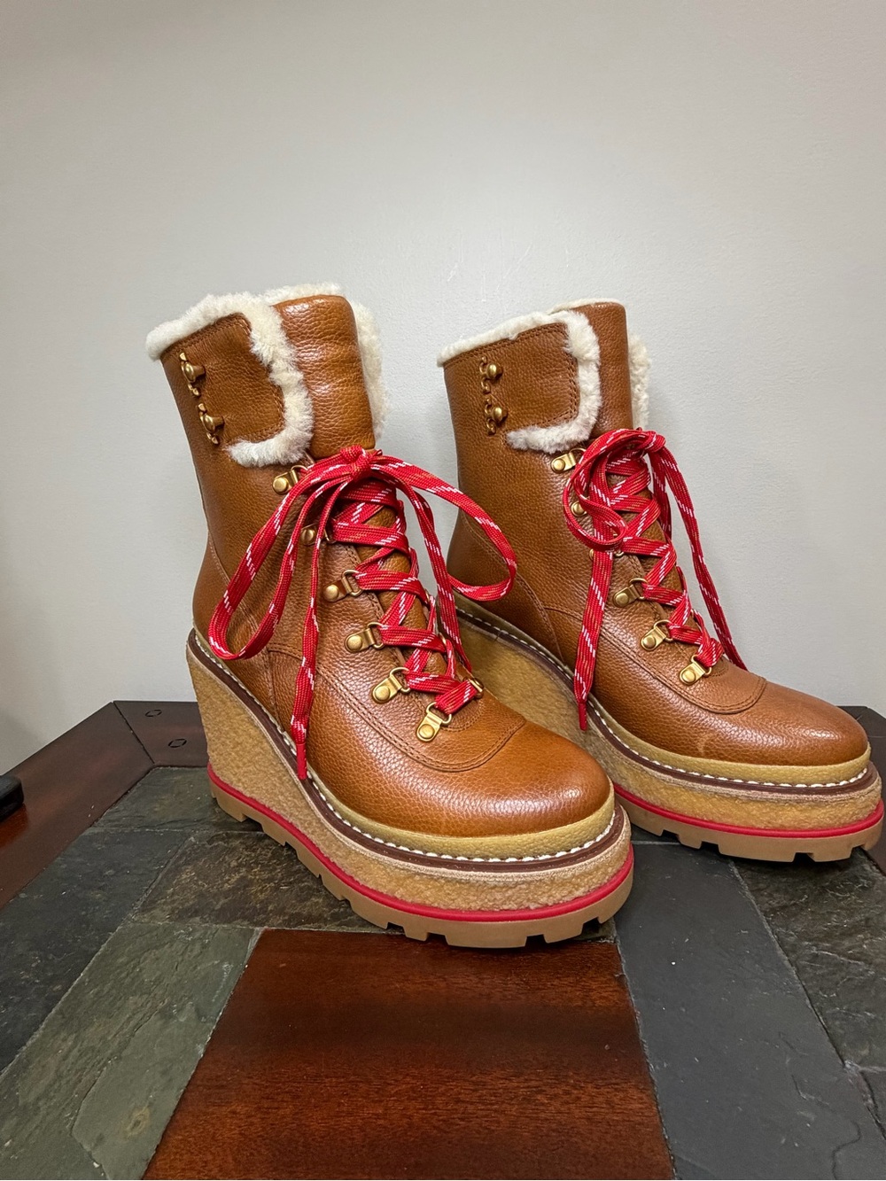 Tory Burch Tan Leather Wedge Boots with Red Laces and Cream Shearling Trim